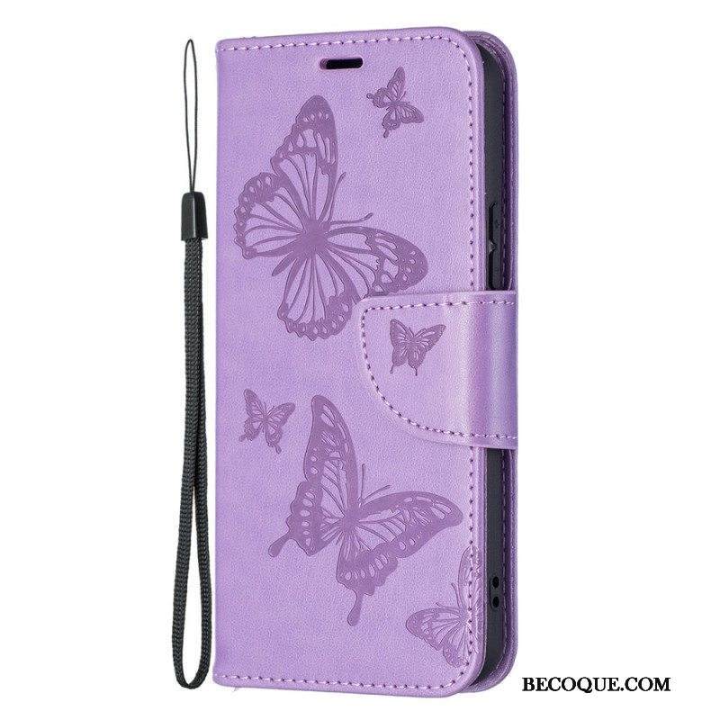 Nahkakotelo Samsung Galaxy S22 Plus 5G Perhosia Lennossa Lanyardin Kanssa