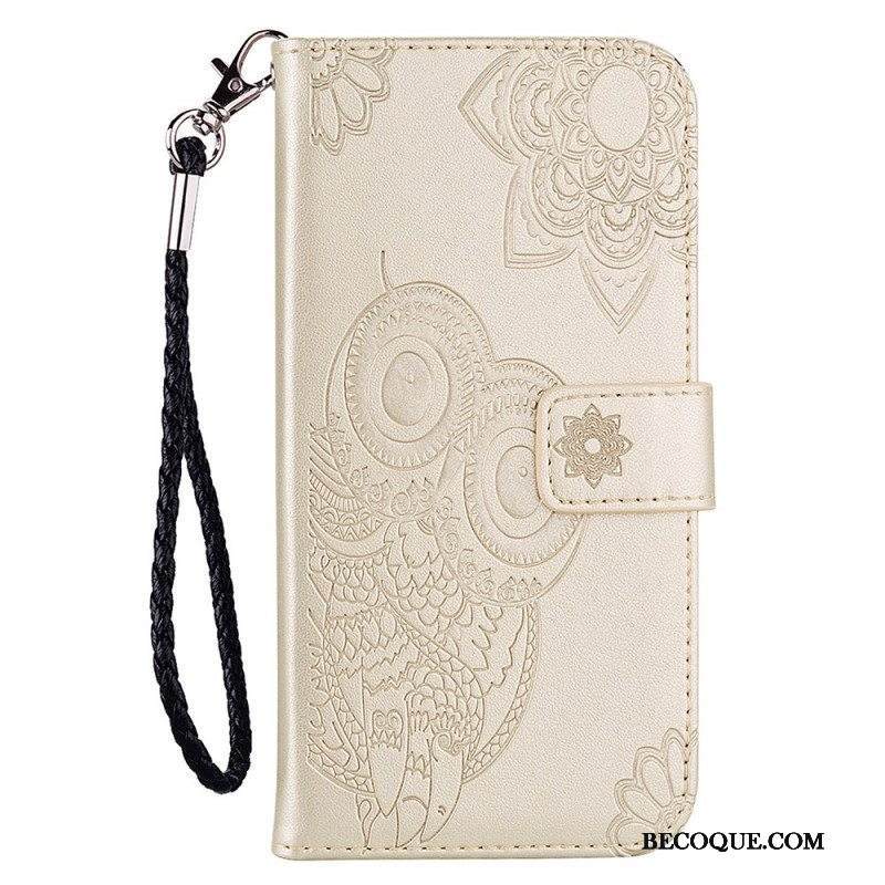 Nahkakotelo Samsung Galaxy S22 Ultra 5G Pöllömandala Ja Kaulanauha