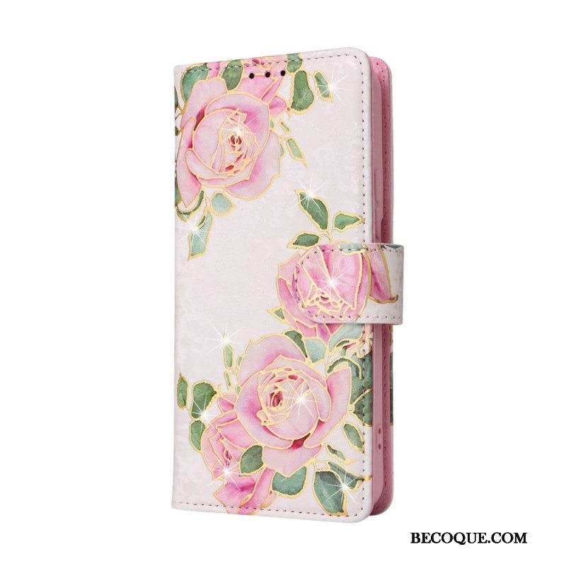 Nahkakotelo Samsung Galaxy S23 Plus 5G Rfid-kukat Kaulanauhalla