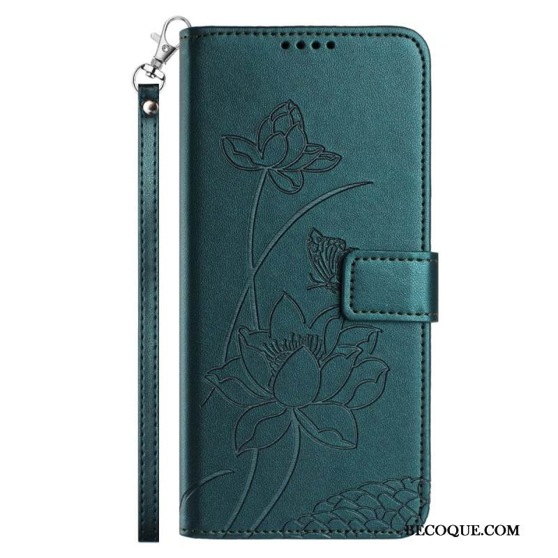 Nahkakotelo Samsung Galaxy S26 Plus Lootuskuvio Hihnalla