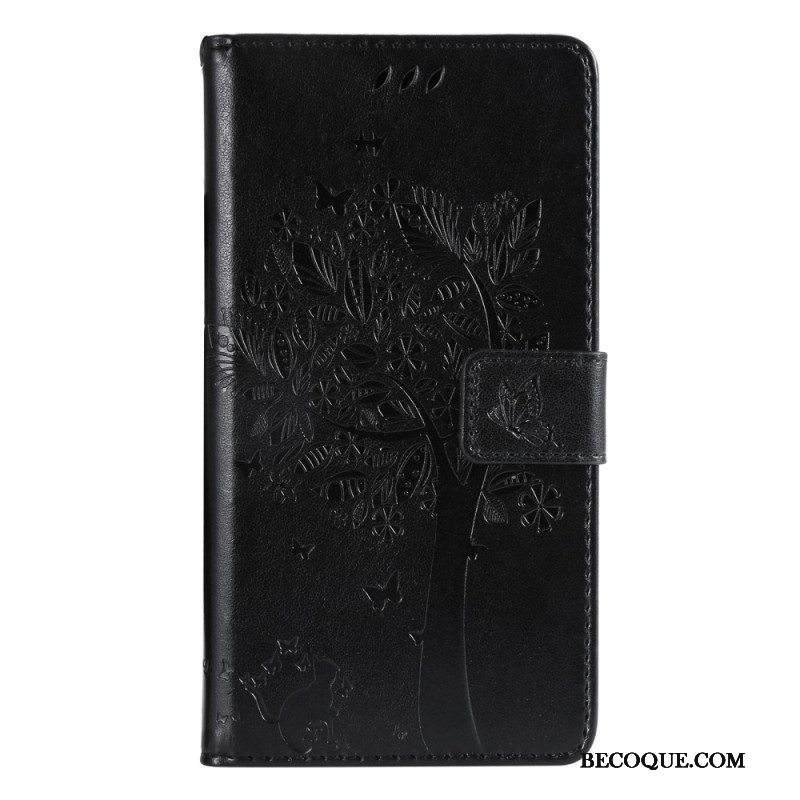 Nahkakotelo Sony Xperia 5 IV Suojaketju Kuori Tree Ja Strappy Cat