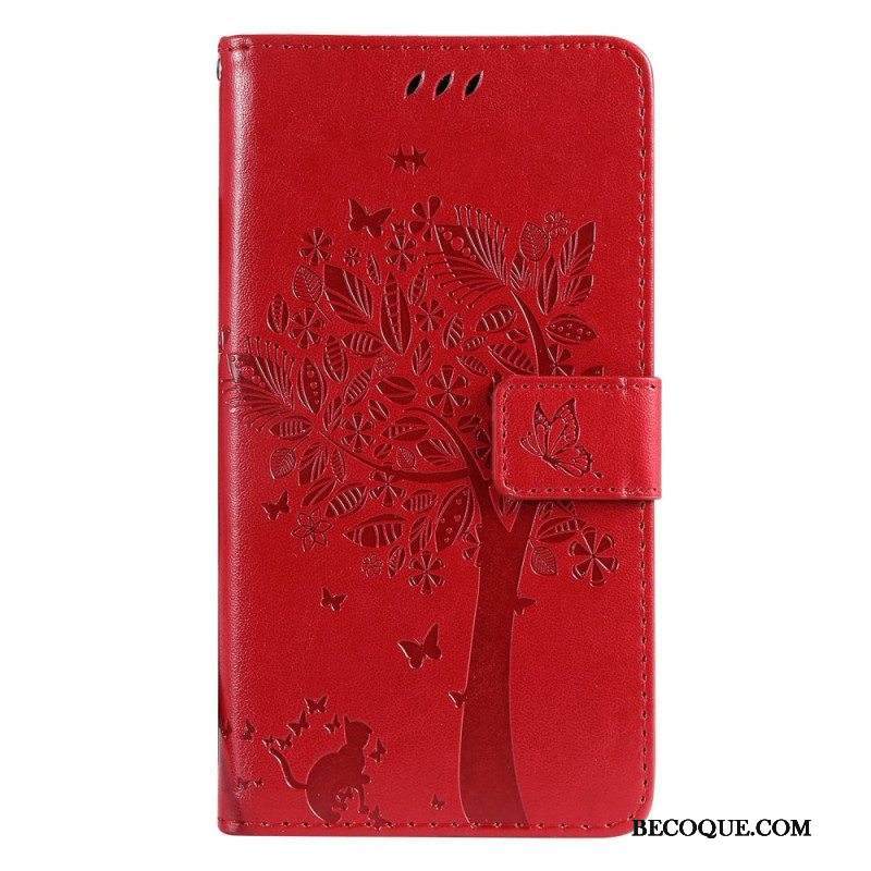 Nahkakotelo Sony Xperia 5 IV Suojaketju Kuori Tree Ja Strappy Cat