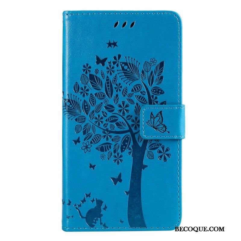 Nahkakotelo Sony Xperia 5 IV Suojaketju Kuori Tree Ja Strappy Cat