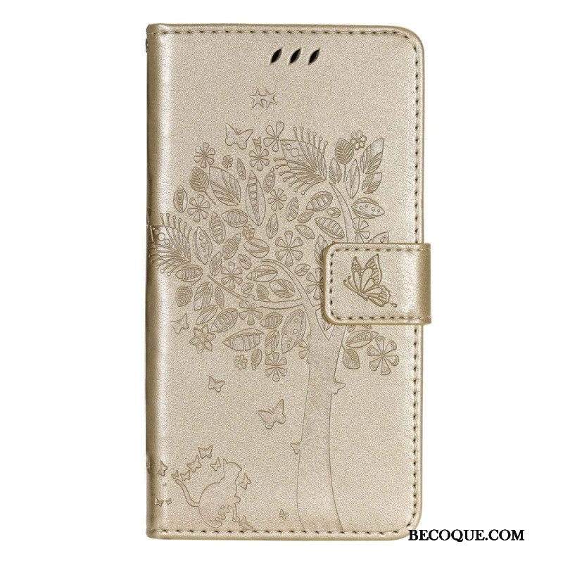 Nahkakotelo Sony Xperia 5 IV Suojaketju Kuori Tree Ja Strappy Cat