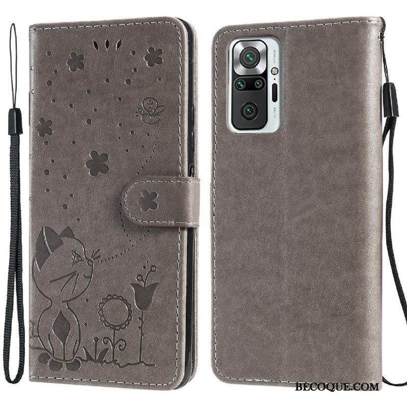 Nahkakotelo Xiaomi Redmi Note 10 Pro Suojaketju Kuori Kissa Ja Mehiläinen Kaulanauhalla