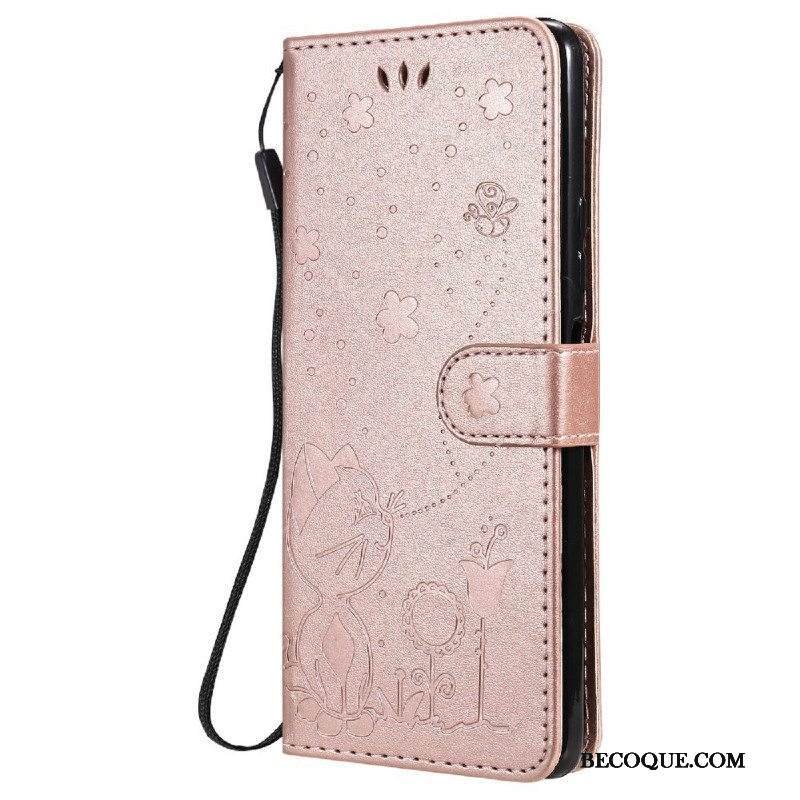 Nahkakotelo Xiaomi Redmi Note 10 Pro Suojaketju Kuori Kissa Ja Mehiläinen Kaulanauhalla