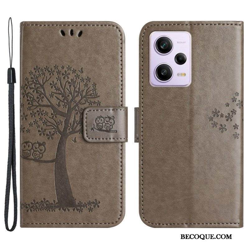 Nahkakotelo Xiaomi Redmi Note 12 5G Suojaketju Kuori Tangapuu Ja Pöllöt