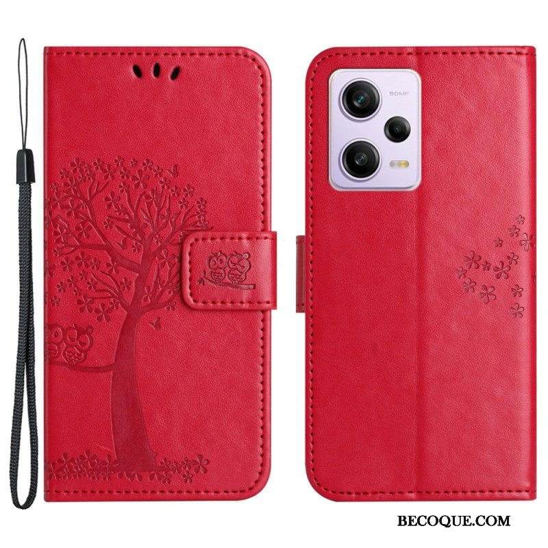 Nahkakotelo Xiaomi Redmi Note 12 5G Suojaketju Kuori Tangapuu Ja Pöllöt