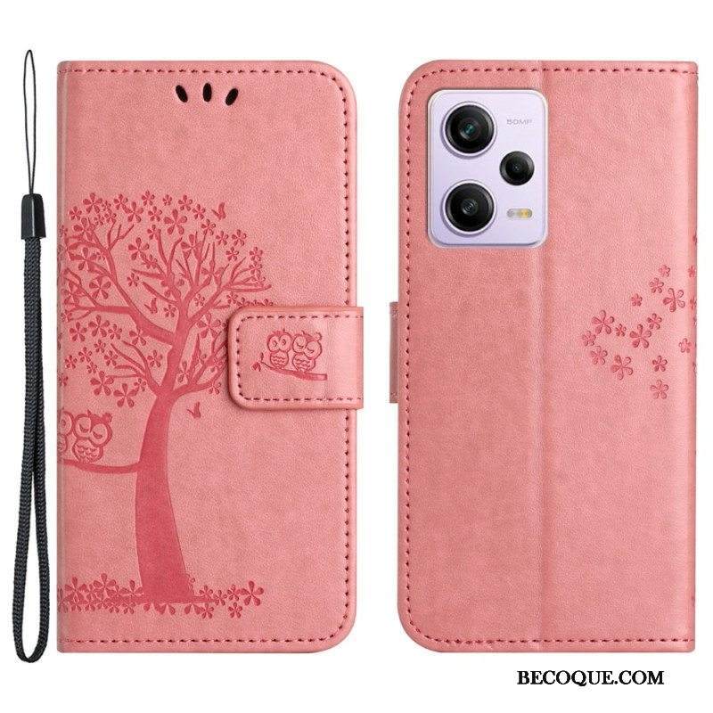 Nahkakotelo Xiaomi Redmi Note 12 5G Suojaketju Kuori Tangapuu Ja Pöllöt