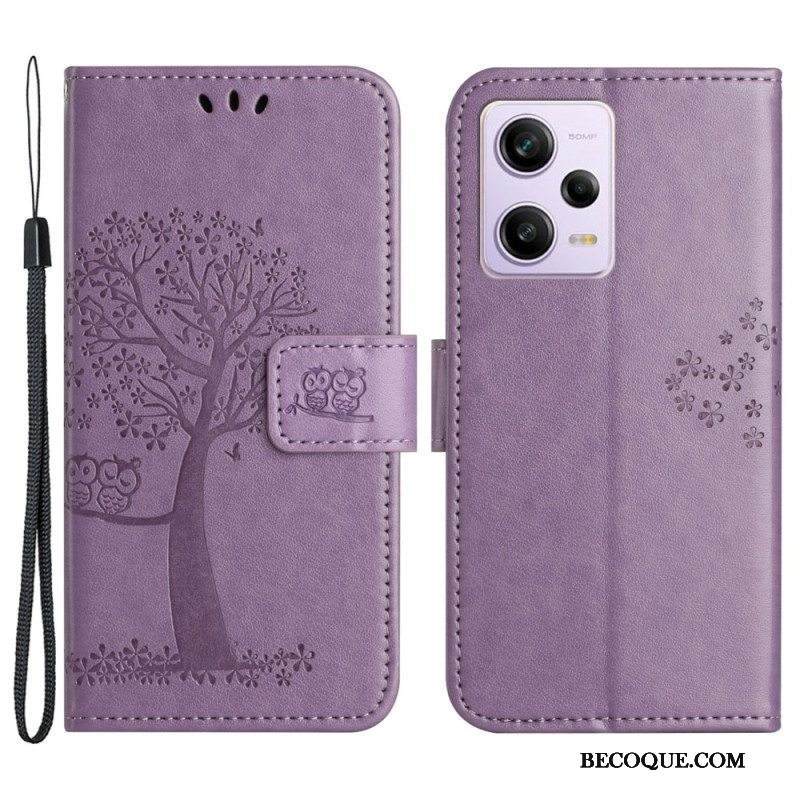 Nahkakotelo Xiaomi Redmi Note 12 5G Suojaketju Kuori Tangapuu Ja Pöllöt