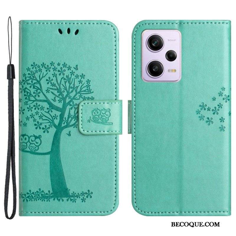 Nahkakotelo Xiaomi Redmi Note 12 5G Suojaketju Kuori Tangapuu Ja Pöllöt