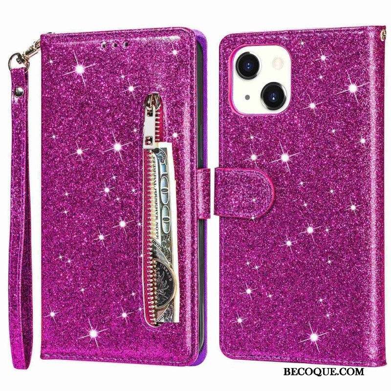 Nahkakotelo iPhone 14 Plus Glitter Kolikkopussi