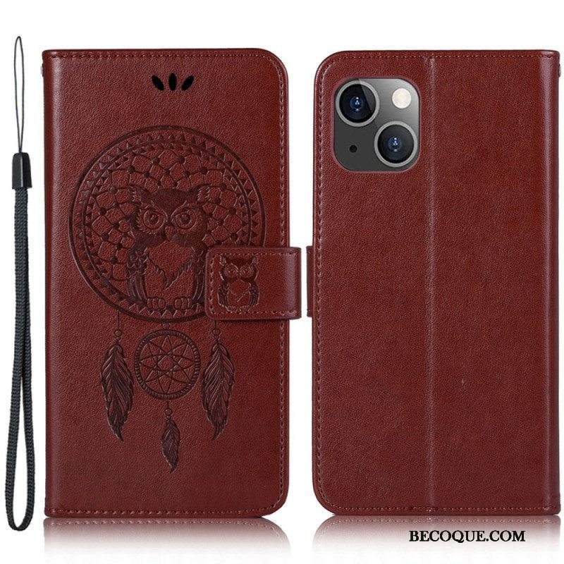 Nahkakotelo iPhone 14 Plus Suojaketju Kuori Pöllöunensieppaaja Hihnalla