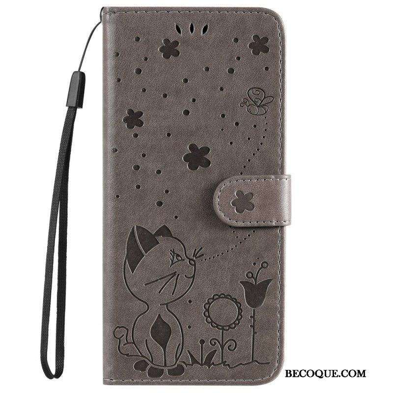 Nahkakotelo iPhone 14 Pro Max Suojaketju Kuori Strappy Kissa Ja Mehiläiset