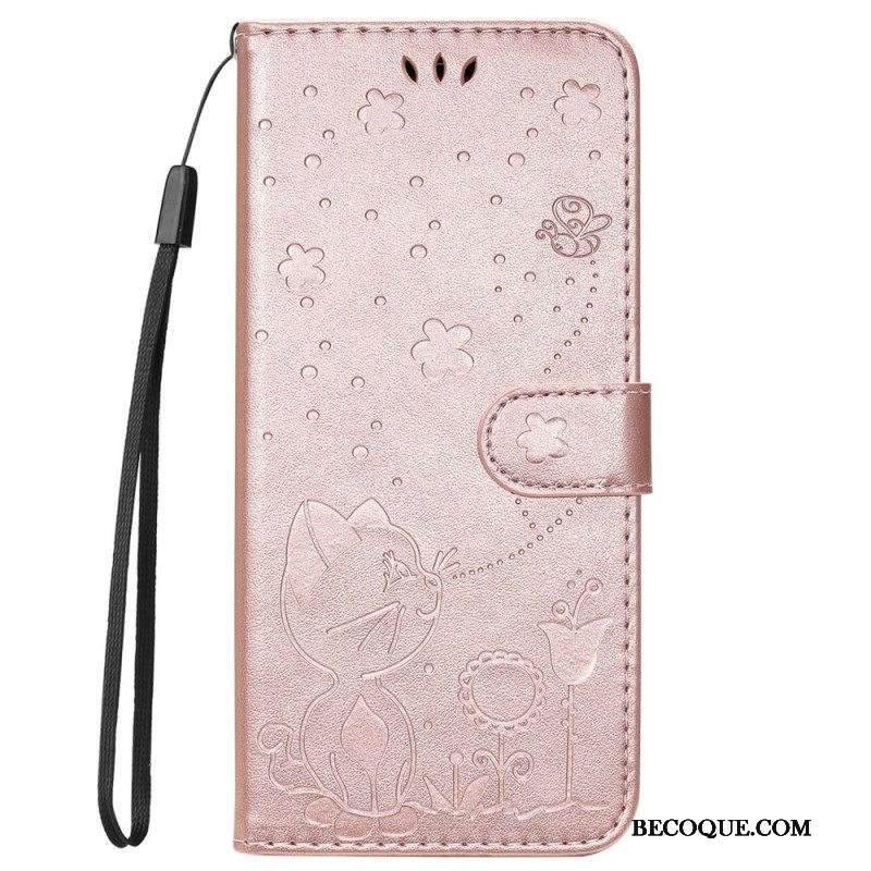 Nahkakotelo iPhone 14 Pro Max Suojaketju Kuori Strappy Kissa Ja Mehiläiset