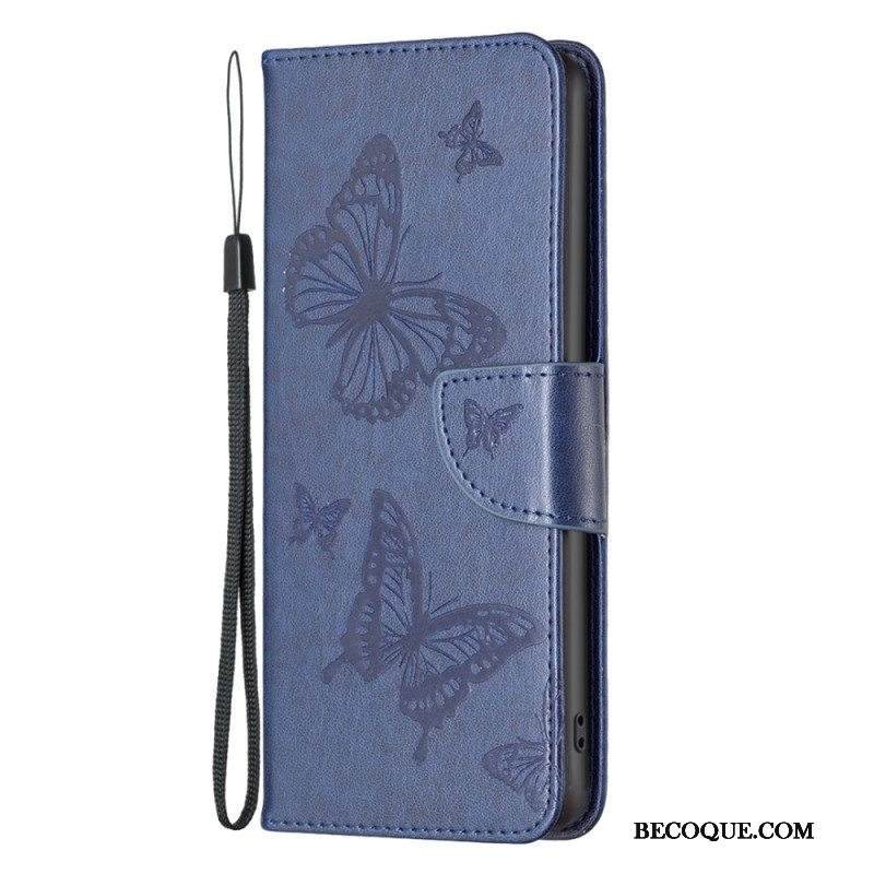 Nahkakotelo iPhone 15 Plus Suojaketju Kuori Painetut Perhoset Hihnalla