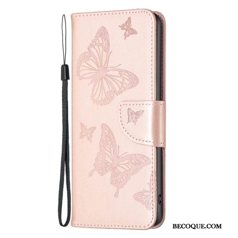 Nahkakotelo iPhone 15 Plus Suojaketju Kuori Painetut Perhoset Hihnalla