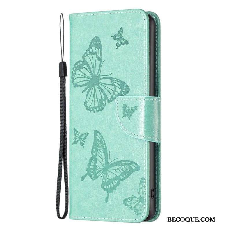 Nahkakotelo iPhone 15 Plus Suojaketju Kuori Painetut Perhoset Hihnalla