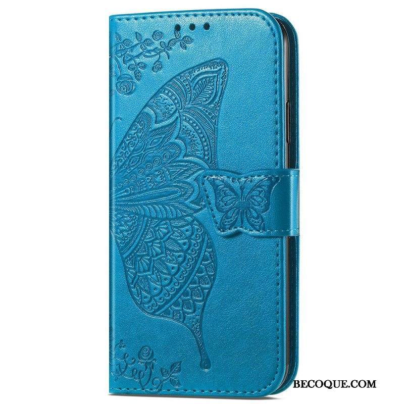 Nahkakotelo iPhone 15 Pro Max Suojaketju Kuori Barokkiperhonen Hihnalla