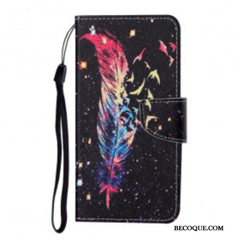 Flip Case Samsung Galaxy M12 / A12 Suojaketju Kuori Värikäs Sulka Hihnalla