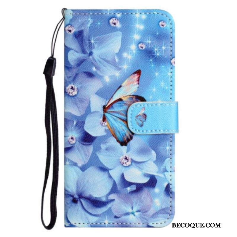 Flip Case Samsung Galaxy S23 5G Suojaketju Kuori Strappy Diamond Perhoset