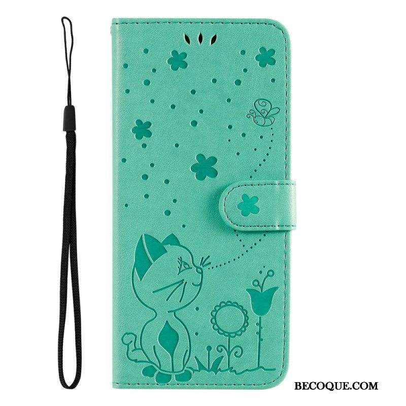 Flip Case Samsung Galaxy S23 5G Suojaketju Kuori Strappy Kissa Ja Mehiläiset