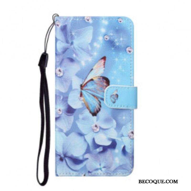 Flip Case Xiaomi Redmi Note 10 Pro Suojaketju Kuori Strappy Diamond Perhoset