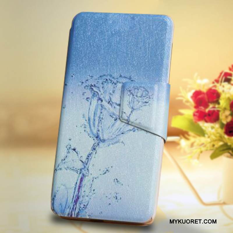 Kuori Htc One M7 Suojaus Kukkakuvio Sininen, Kotelo Htc One M7 Nahka Puhelimen Kuoret