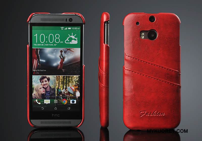 Kuori Htc One M8 Nahka Kortti Trendi, Kotelo Htc One M8 Suojaus Punainen Takakansi
