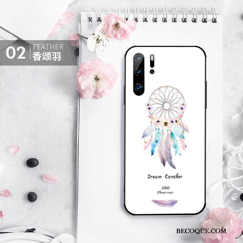 Kuori Huawei P30 Pro Laukut Lasi Kevyt, Kotelo Huawei P30 Pro Silikoni Persoonallisuus Valkoinen