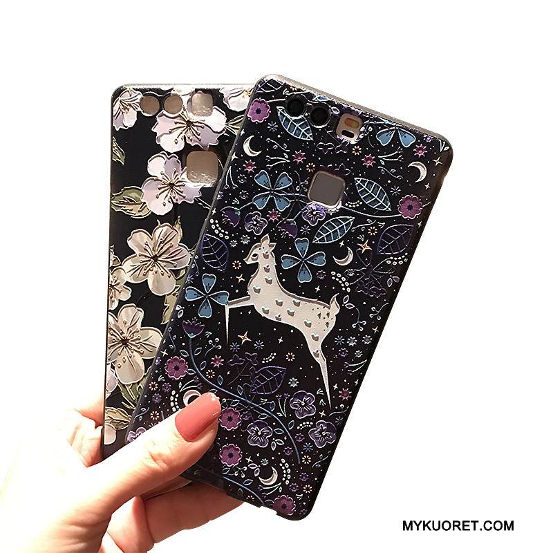 Kuori Huawei P9 Kohokuviointi Kirsikka Pesty Suede, Kotelo Huawei P9 Pehmeä Neste Musta Puhelimen Kuoret