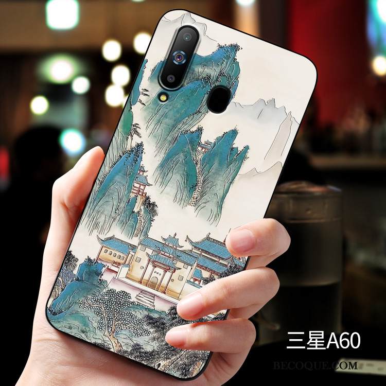 Kuori Samsung Galaxy A60 Kohokuviointi Vihreä Muokata, Kotelo Samsung Galaxy A60 Silikoni Murtumaton Pesty Suede