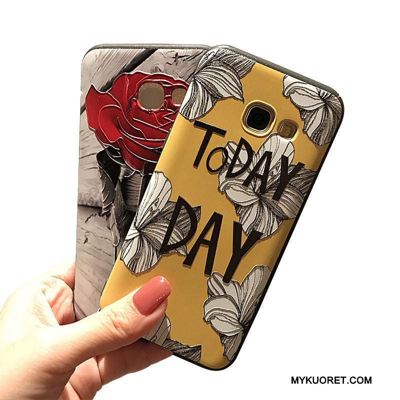 Kuori Samsung Galaxy A7 2017 Kohokuviointi Musta Pesty Suede, Kotelo Samsung Galaxy A7 2017 Pehmeä Neste Keltainen Puhelimen Kuoret