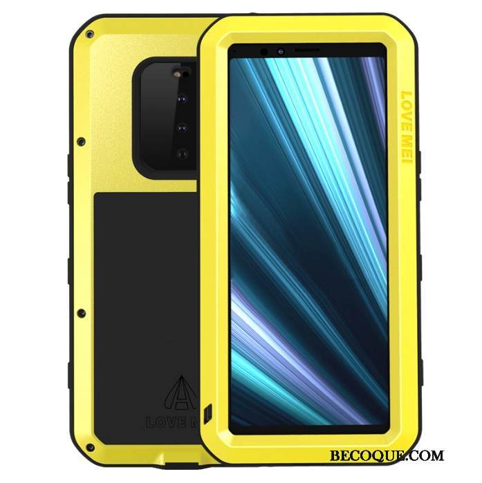 Kuori Sony Xperia 1 Laukut Kolme Puolustusta Murtumaton, Kotelo Sony Xperia 1 Metalli Puhelimen Kuoret Keltainen