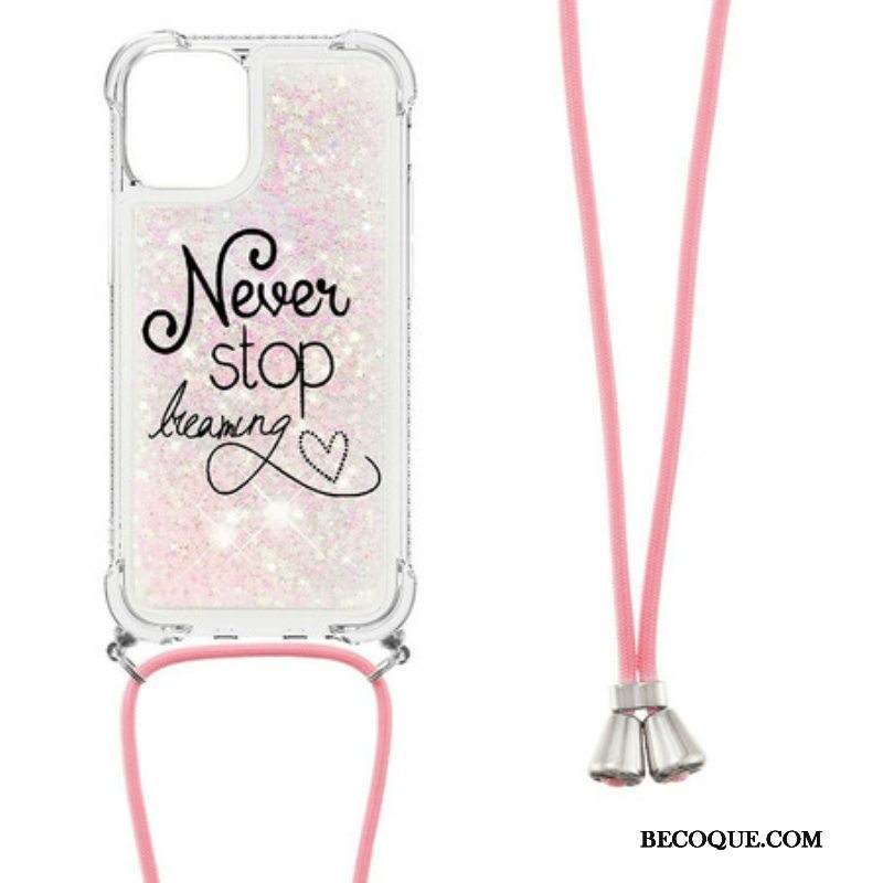 Kuori iPhone 13 Mini Kiristysnyörillä Älä Koskaan Lopeta Glitter-vetonauhaa