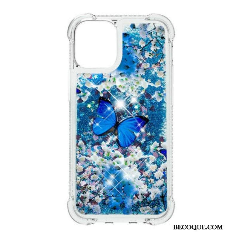 Kuori iPhone 13 Pro Glitter Blue Perhoset