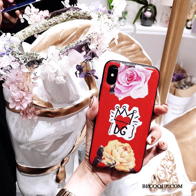 Kuori iPhone Xs Laukut Tide-brändi Persoonallisuus, Kotelo iPhone Xs Nahka Punainen Kukkia