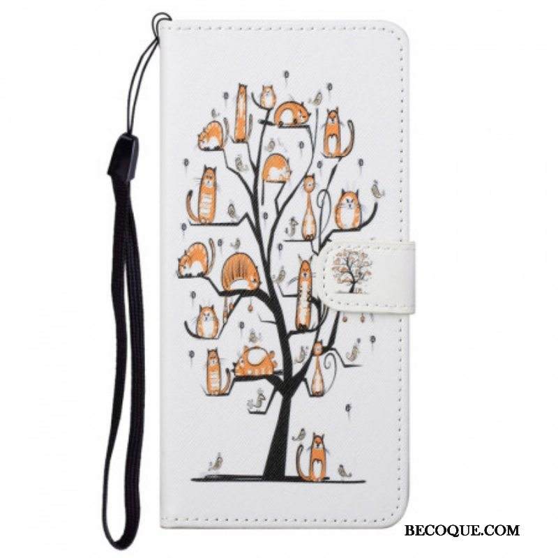 Nahkakotelo Moto G71 5G Suojaketju Kuori Funky Cats Hihnalla