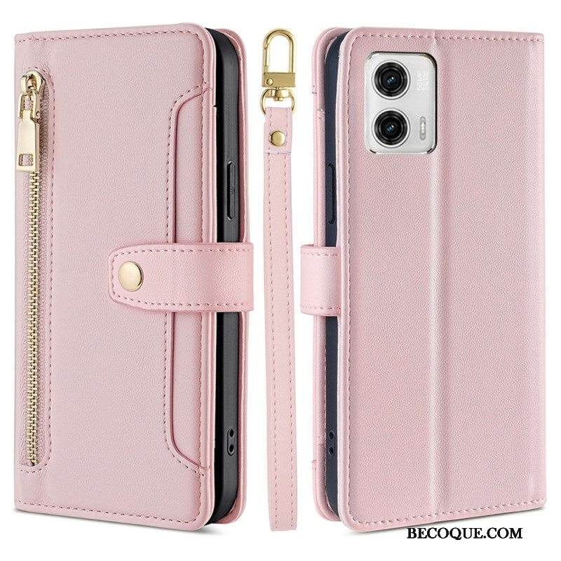 Nahkakotelo Moto G73 5G Kukkaro Olkahihnalla Ja Kaulanauhalla