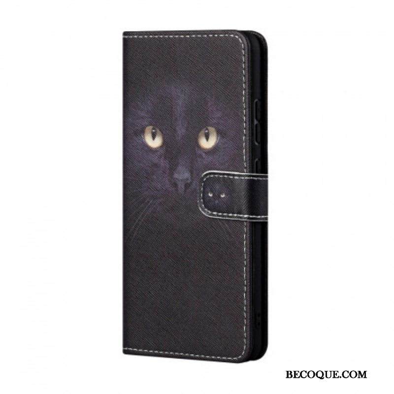Nahkakotelo Samsung Galaxy A13 5G / A04s Suojaketju Kuori Strappy Black Cat Eyes