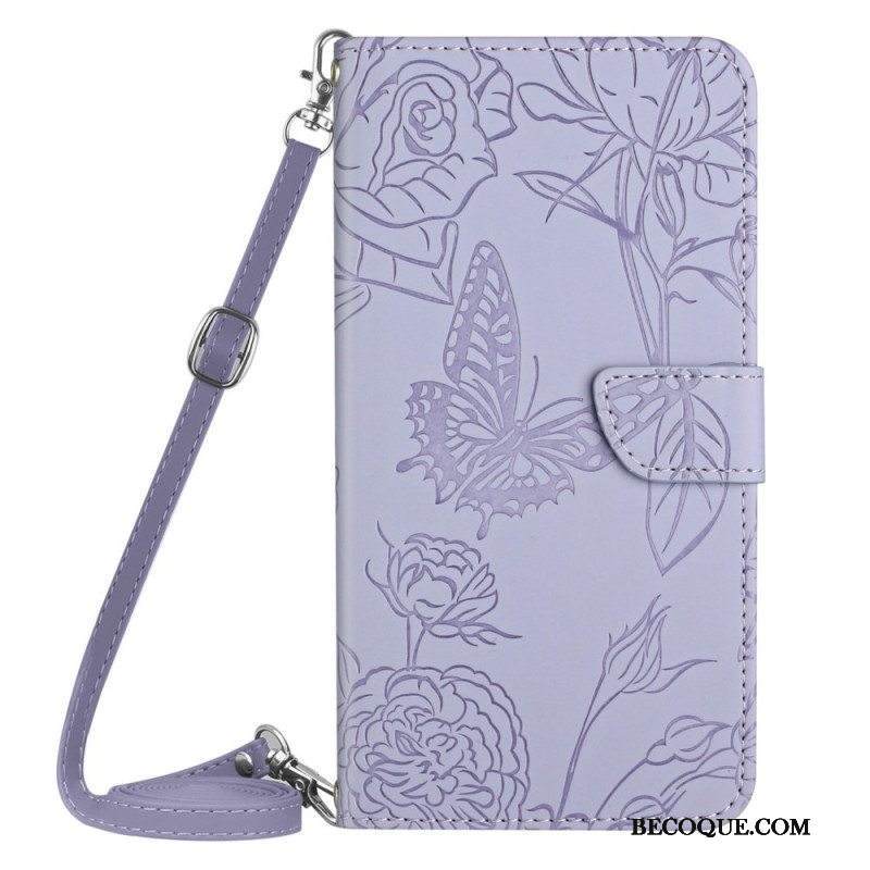 Nahkakotelo Samsung Galaxy A13 Perhoset Ja Olkahihna