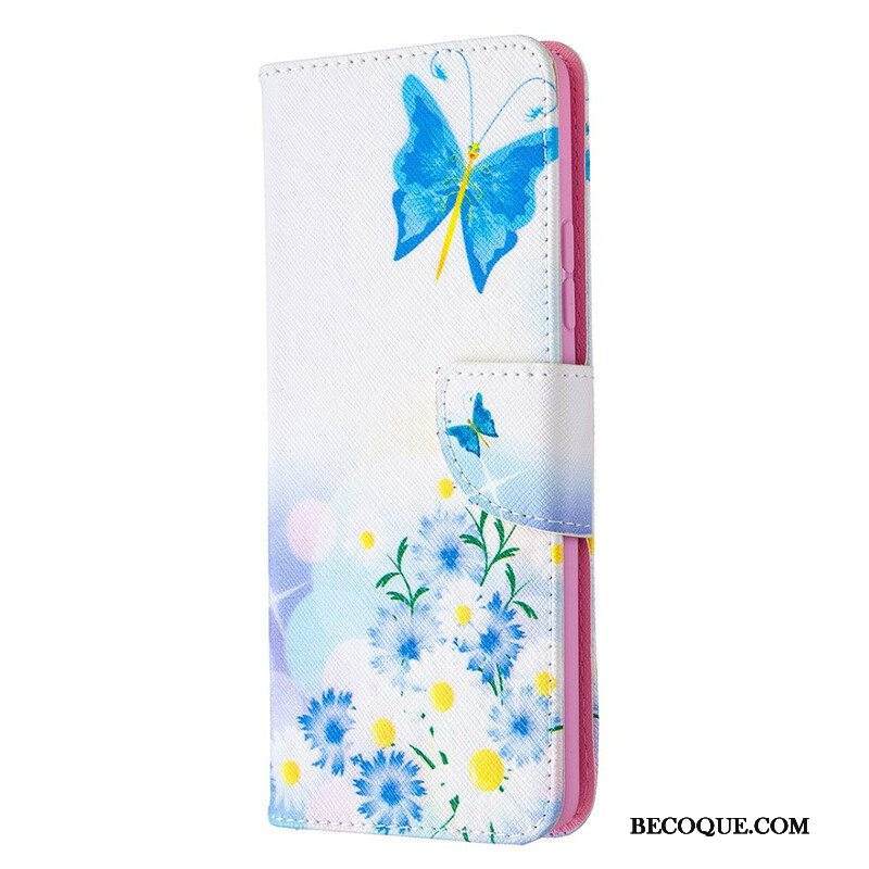 Nahkakotelo Samsung Galaxy A42 5G Maalattuja Perhosia Ja Kukkia