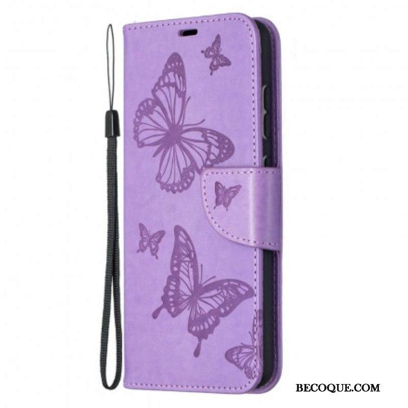 Nahkakotelo Samsung Galaxy A52 4G / A52 5G / A52s 5G Perhosia Lennossa Lanyardin Kanssa