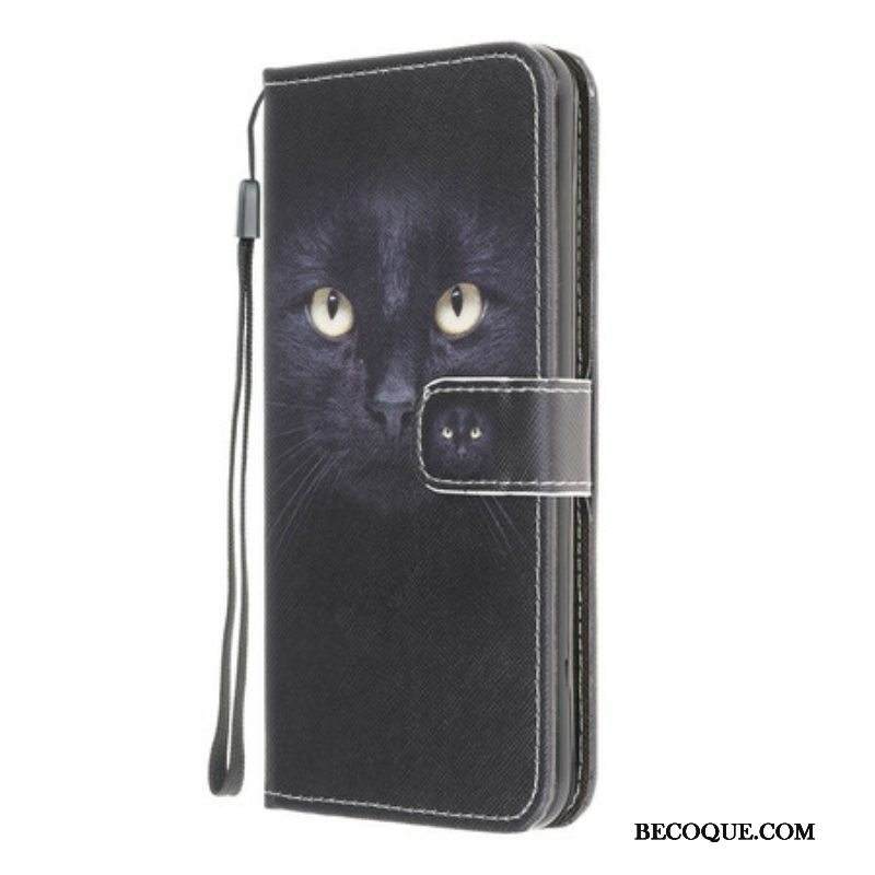 Nahkakotelo Samsung Galaxy M12 / A12 Suojaketju Kuori Strappy Black Cat Eyes