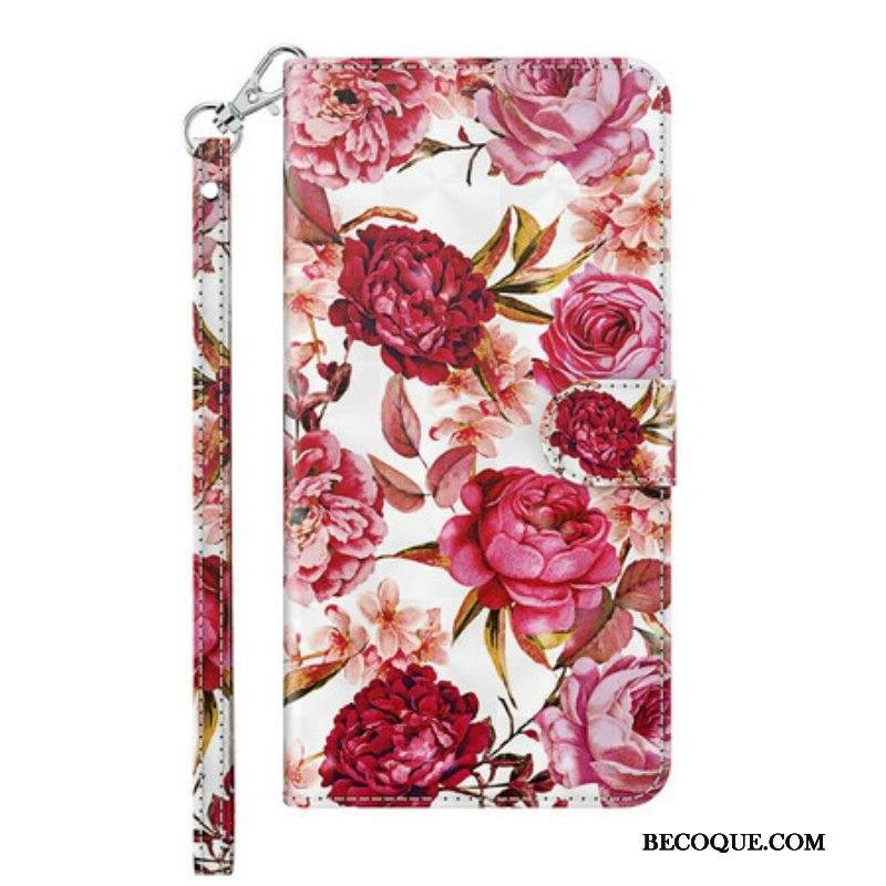 Nahkakotelo Samsung Galaxy M12 / A12 Vaaleatäpläruusuja Kaulanauhalla