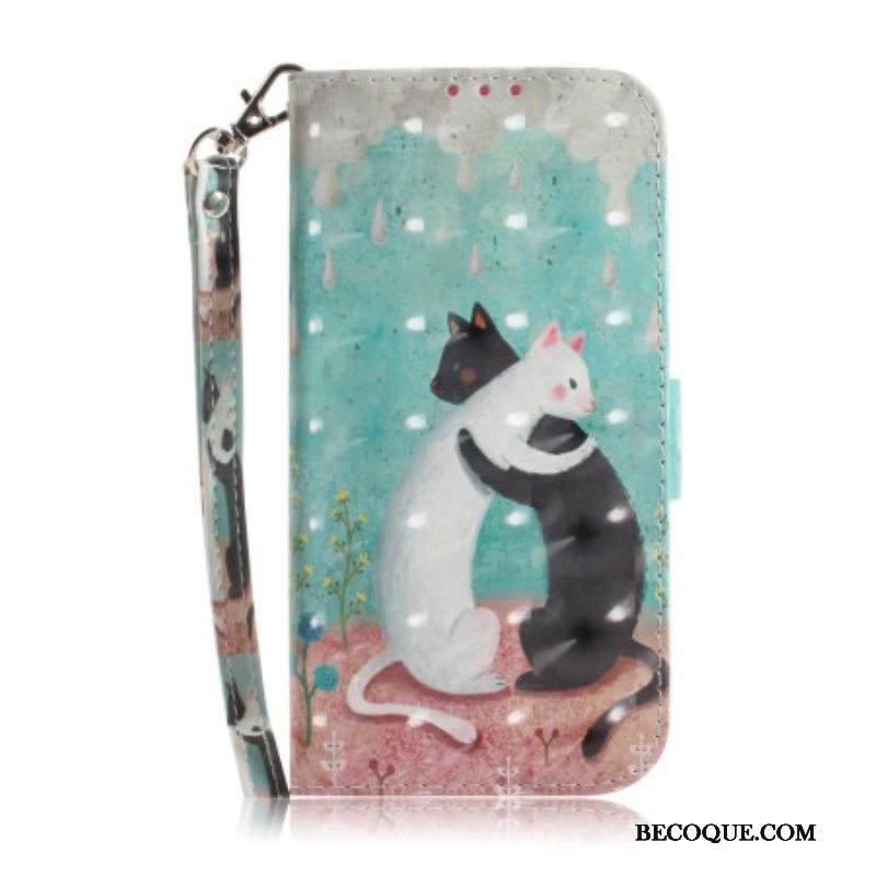 Nahkakotelo iPhone 14 Plus Suojaketju Kuori Musta Kissa Valkoinen Kissa Hihnalla