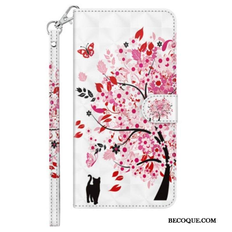 Nahkakotelo iPhone 15 Pro Max Suojaketju Kuori Kissa Punaisen Puun Alla 3d Hihnalla