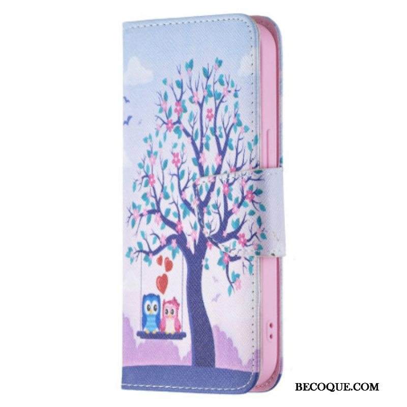 Nahkakotelo iPhone 15 Pöllöt Keinussa